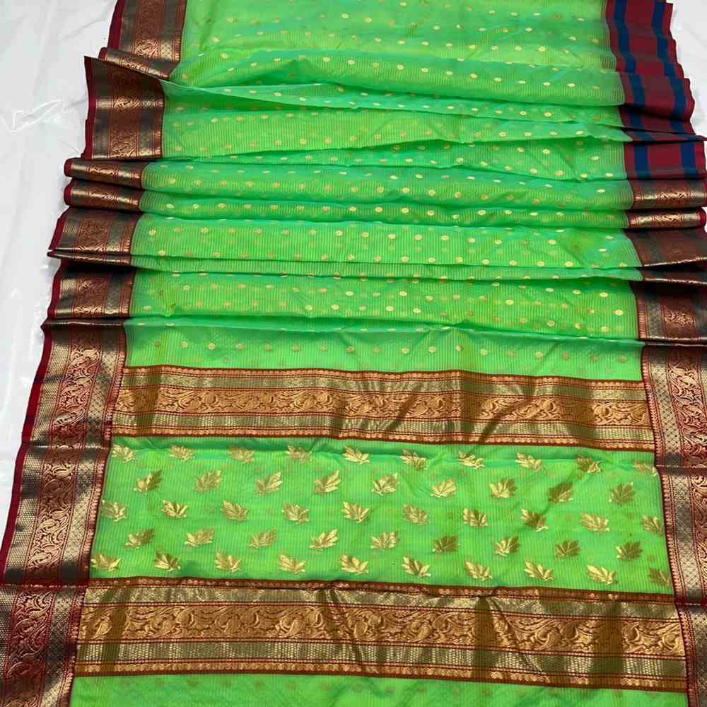 Handloom Pure Silk Parrot Green Chanderi Saree